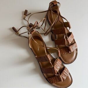 Michael Kors Camel Tie Ankle Wrap Braided Sandal Cognac 8.5 Women’s Braided